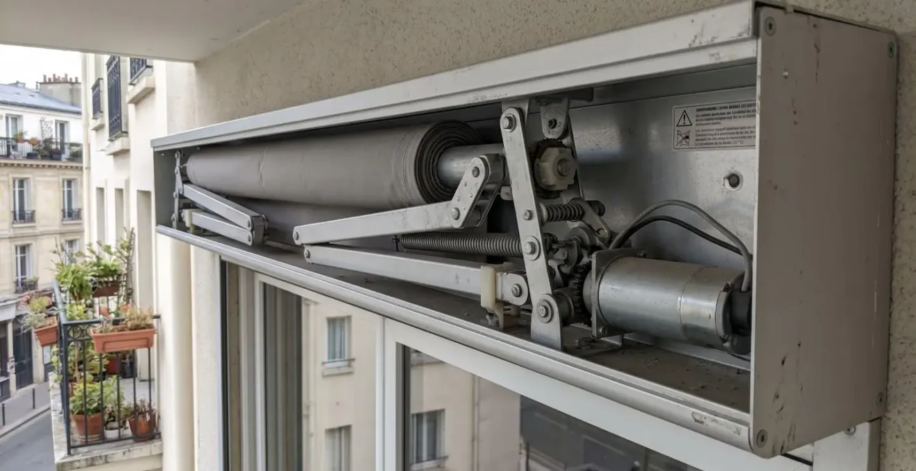 Détail des bras articulés d'un store banne et du boîtier moteur protégés dans le caisson en aluminium