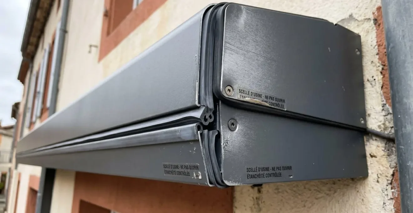 Gros plan sur les bords scellés d'un caisson de store banne avec joints d'étanchéité en aluminium gris anthracite