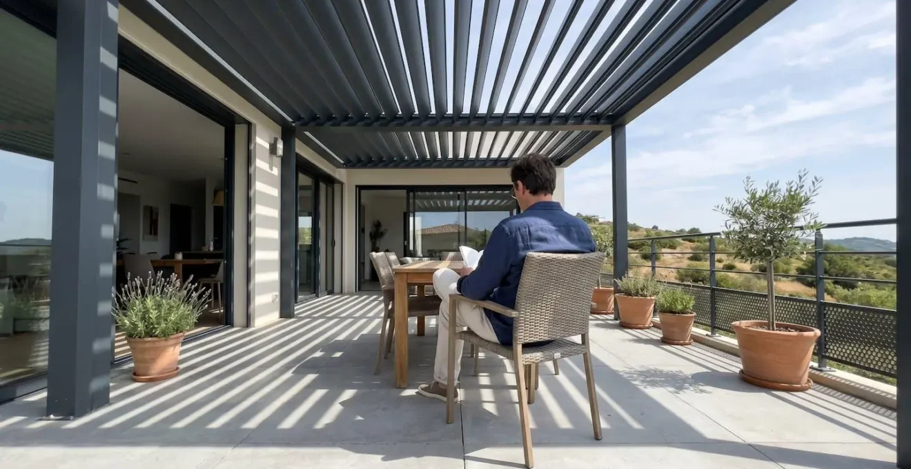 Personne de dos profitant d'une terrasse sous pergola bioclimatique avec lames orientables semi-ouvertes en journée ensoleillée