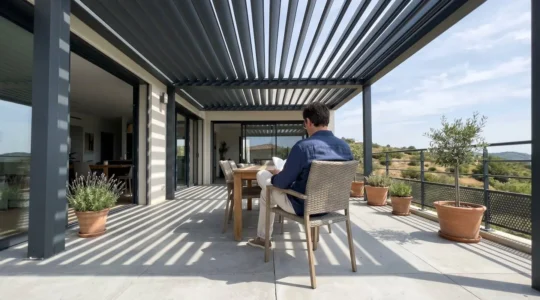 Personne de dos profitant d'une terrasse sous pergola bioclimatique avec lames orientables semi-ouvertes en journée ensoleillée