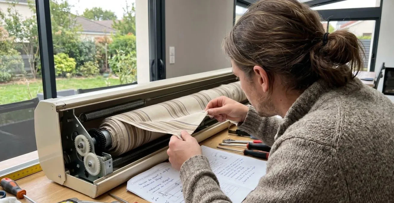 Personne de dos examinant la toile enroulée d'un store banne protégée dans son caisson sous lumière naturelle intérieure