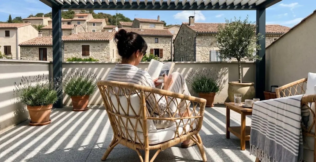 Personne de dos lisant confortablement sous pergola bioclimatique en plein après-midi ensoleillé, ombrage modulé par lames orientables