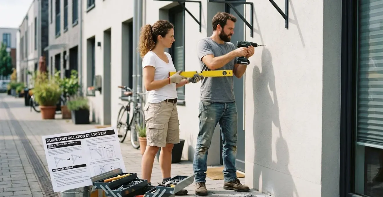 Couple de trentenaires installant les supports muraux d'un store banne, l'homme perce la façade pendant que la femme vérifie le niveau, outils et notice au sol