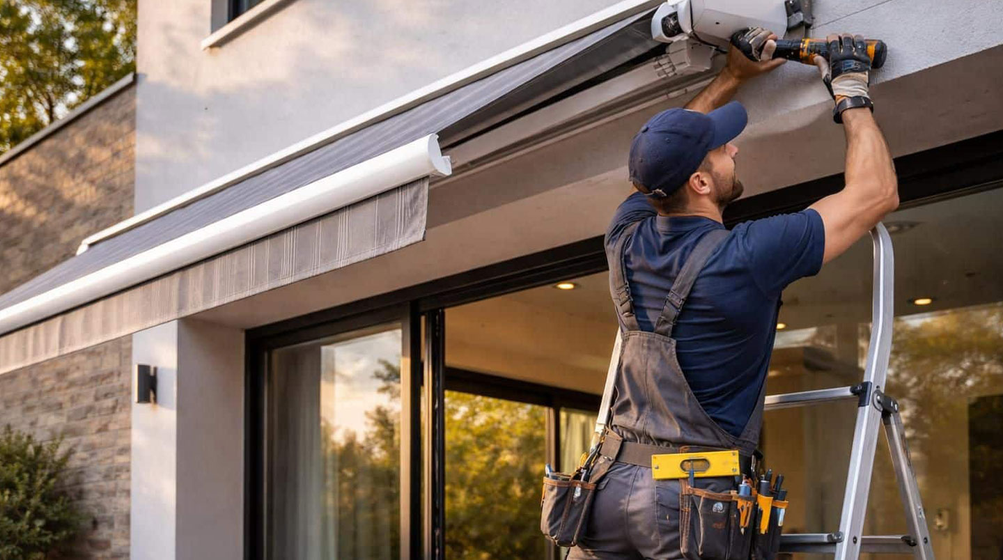 Couple de trentenaires installant les supports muraux d'un store banne, l'homme perce la façade pendant que la femme vérifie le niveau, outils et notice au sol
