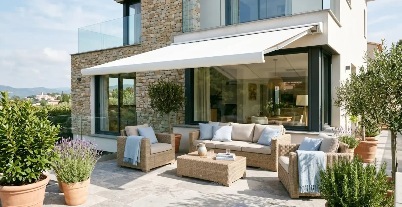Terrasse moderne avec mobilier de jardin en rotin sous un store banne blanc déployé projetant une ombre rectangulaire, façade contemporaine et végétation méditerranéenne en arrière-plan