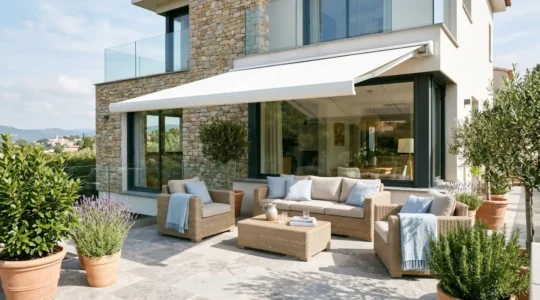 Terrasse moderne avec mobilier de jardin en rotin sous un store banne blanc déployé projetant une ombre rectangulaire, façade contemporaine et végétation méditerranéenne en arrière-plan