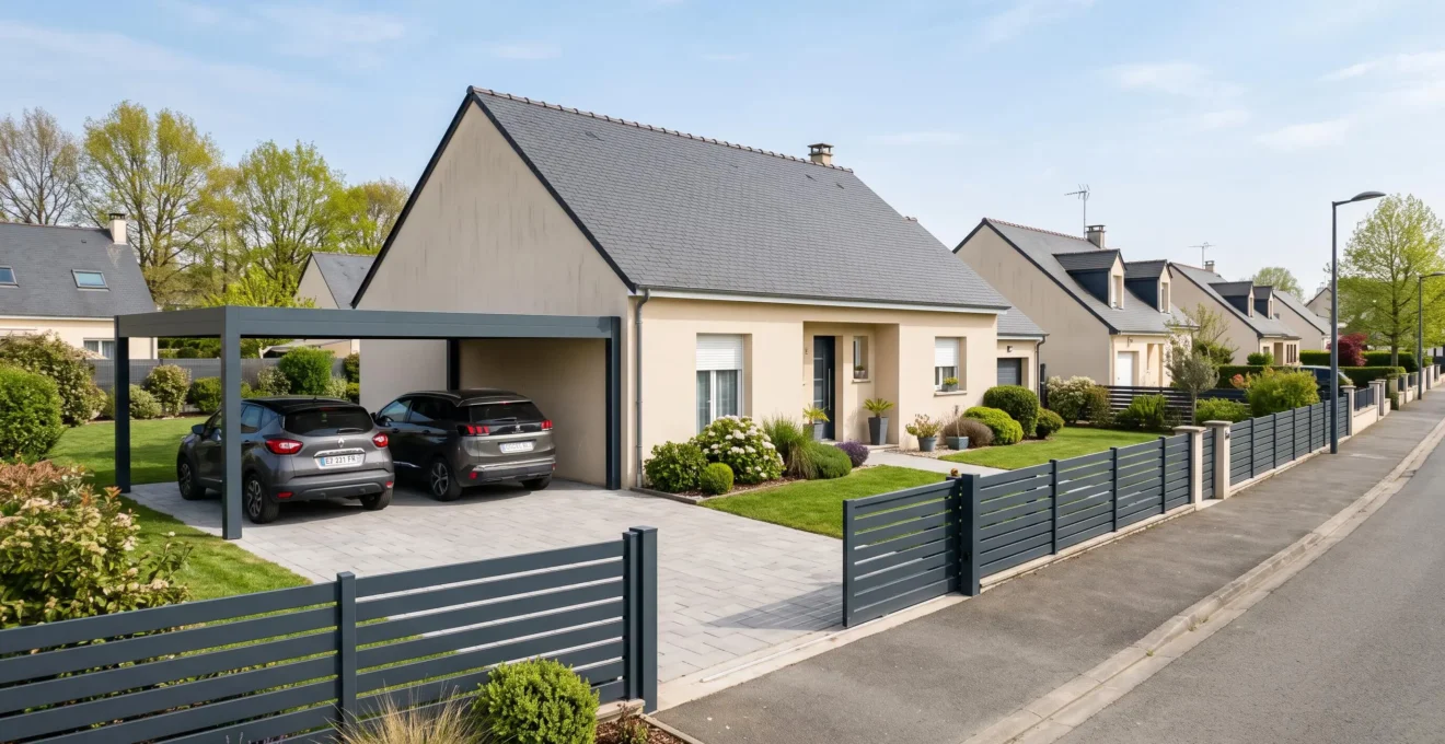 Maison individuelle française avec aménagements extérieurs modernes incluant carport double, clôture contemporaine et allée pavée soignée