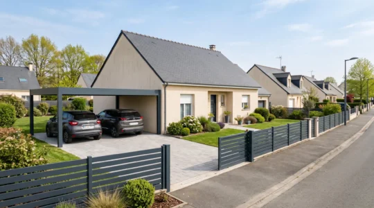 Maison individuelle française avec aménagements extérieurs modernes incluant carport double, clôture contemporaine et allée pavée soignée