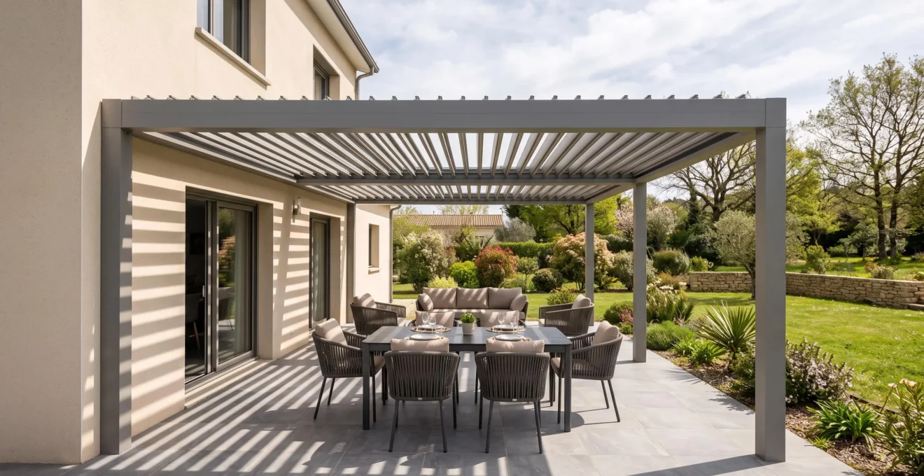 Pergola bioclimatique moderne avec lames orientables installée sur terrasse d'une maison française créant un espace de vie extérieur